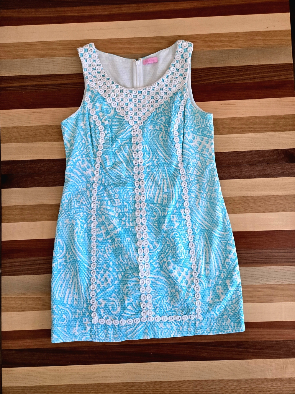Lilly Pulitzer Turquoise Shell-Print Sleeveless Dress with White Crochet Lace